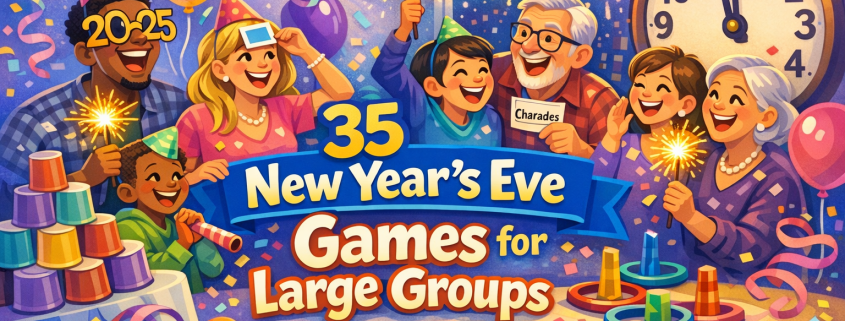 Illustrated New Year’s Eve party scene in a bright, playful style showing a diverse group of adults and families laughing and playing party games. People wear party hats and novelty “2025” glasses, hold sparklers, and celebrate amid confetti, balloons, and streamers. A large countdown clock nears midnight while fireworks glow outside a window. Bold, readable title text reads “35 New Year’s Eve Games for Large Groups,” with subtle branding in the bottom-right corner: “FunAttic. Since 1998.”
