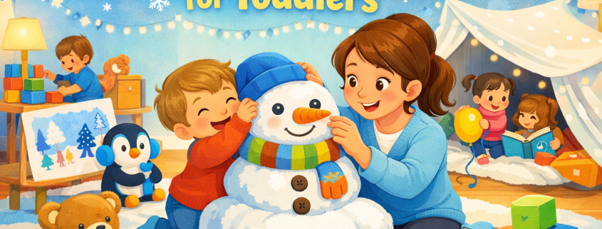 Bright, playful illustration of a cozy winter indoor playroom where a smiling toddler and caregiver build a snowman made of pillows and soft toys. In the background, children enjoy simple January activities like finger painting with winter colors, stacking blocks, playing with balloons, and reading inside a blanket fort. Whimsical details include a teddy bear wearing earmuffs and a toy penguin holding a crayon. The scene uses cheerful blues, whites, and warm yellows, with the title ‘40 January Activities for Toddlers’ integrated into the design and subtle branding text ‘FunAttic. Since 1998’ in the corner.