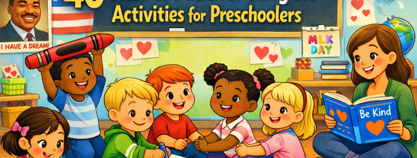 Illustrated preschool classroom celebrating Martin Luther King Jr. Day with a diverse group of young children drawing hearts and rainbows, coloring a dove of peace, and holding hands in a unity circle while a smiling teacher reads a book about kindness. A playful oversized crayon and a paper dove floating upward add gentle humor. Bright, cheerful colors fill the calm scene, with the title “40 Martin Luther King Jr. Activities for Preschoolers” integrated into the classroom and subtle “FunAttic. Since 1998” branding in the corner.
