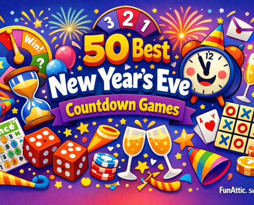 A vibrant, whimsical digital illustration for a blog titled "50 Best New Year's Eve Countdown Games." The scene features bold, colorful text surrounded by festive icons like a smiling countdown clock wearing a party hat, dice, a spinning game wheel, an hourglass, bingo card, party horns, balloons, confetti, champagne glasses, and fireworks. The overall style is playful and energetic, with a bright color palette and dynamic composition. In the bottom-right corner, the text “FunAttic. Since 1998” appears in a clean, white modern font.