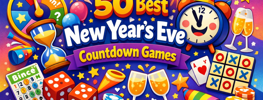 A vibrant, whimsical digital illustration for a blog titled "50 Best New Year's Eve Countdown Games." The scene features bold, colorful text surrounded by festive icons like a smiling countdown clock wearing a party hat, dice, a spinning game wheel, an hourglass, bingo card, party horns, balloons, confetti, champagne glasses, and fireworks. The overall style is playful and energetic, with a bright color palette and dynamic composition. In the bottom-right corner, the text “FunAttic. Since 1998” appears in a clean, white modern font.