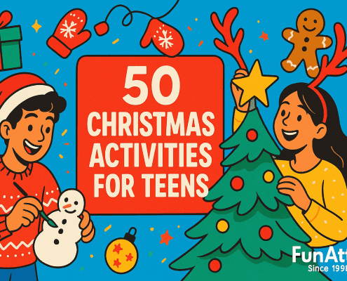 Vibrant, whimsical 16:9 illustrated banner for “50 Christmas Activities for Teens”: bold red title card centered on a bright blue background, with two smiling teens (one decorating a small snowman cookie, one topping a Christmas tree with a star), surrounded by festive icons like gifts, mittens, gingerbread, ornaments, and confetti; “FunAttic. Since 1998” appears in white in the bottom-right corner.