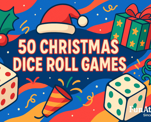 Vibrant, whimsical 16:9 illustration for a blog header reading “50 Christmas Dice Roll Games” in bold centered lettering, surrounded by festive icons—Santa hat, holly berries, wrapped gift, party popper, and two dice—on a bright, wavy red-blue-orange background with confetti dots; “FunAttic. Since 1998” appears in white at the bottom right.