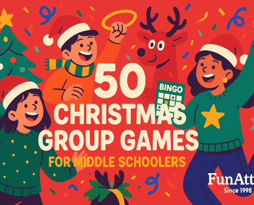 Festive, whimsical illustrated blog header in bold saturated colors showing three cheerful middle schoolers in Santa hats celebrating around the large centered title “50 Christmas Group Games for Middle Schoolers,” with playful game-themed elements (bingo card, ring toss/halo, confetti, Christmas tree, presents, and a smiling reindeer), and the branding text “FunAttic. Since 1998” in white at the bottom right.