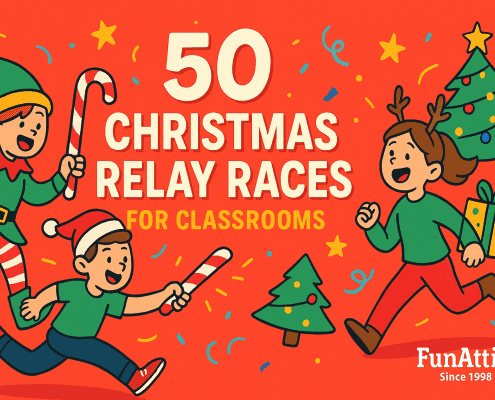 Vibrant, whimsical illustration of a classroom Christmas relay race with three excited kids in festive outfits (elf hat, Santa hat, and reindeer antlers) running and passing candy-cane batons amid colorful confetti and stars, with small decorated Christmas trees and the centered headline “50 Christmas Relay Races for Classrooms,” plus the “FunAttic. Since 1998” logo in the bottom-right corner.