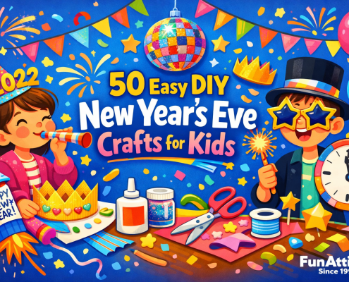 "Whimsical illustration of two joyful kids doing New Year's Eve crafts. A girl with a '2022' party hat and party horn sits on the left, while a boy with star-shaped glasses and a top hat holds a sparkler and a paper clock on the right. The table is filled with colorful craft supplies—glue, scissors, glitter, paper crowns, and confetti. A vibrant banner, fireworks, balloons, and a disco ball add to the festive background. The title reads '50 Easy DIY New Year’s Eve Crafts for Kids' in bold letters, and the bottom-right corner includes the text 'FunAttic. Since 1998.'"