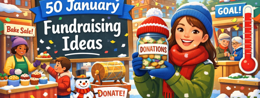 Illustrated winter community plaza with diverse, smiling volunteers fundraising in January. A woman in a scarf holds a donation jar wearing a winter hat, while a bake sale, raffle booth, and rising goal thermometer surround her. A chalkboard-style banner reads “50 January Fundraising Ideas.” Light snow and confetti add a festive feel. Subtle branding text “FunAttic. Since 1998” appears in the bottom-right corner.