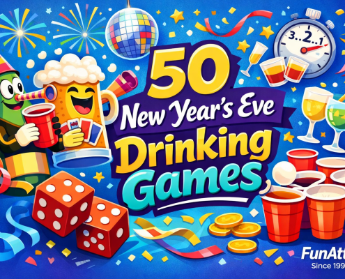 A vibrant, whimsical digital illustration showing a festive New Year’s Eve party scene with diverse groups of cheerful partygoers engaged in various drinking games. Elements include red solo cups, champagne bottles popping, dice rolling, and spinning bottles, all in motion. Confetti rains down amid streamers and glowing party lights. A giant clock showing midnight is in the background, symbolizing the countdown. The characters are playfully exaggerated with dynamic poses, expressing joy and celebration. Bold, saturated colors and clean linework give the image a modern, playful editorial feel. The phrase “FunAttic. Since 1998” appears subtly in the bottom-right corner in a clean, high-contrast font.