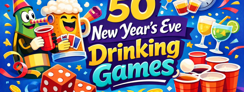 A vibrant, whimsical digital illustration showing a festive New Year’s Eve party scene with diverse groups of cheerful partygoers engaged in various drinking games. Elements include red solo cups, champagne bottles popping, dice rolling, and spinning bottles, all in motion. Confetti rains down amid streamers and glowing party lights. A giant clock showing midnight is in the background, symbolizing the countdown. The characters are playfully exaggerated with dynamic poses, expressing joy and celebration. Bold, saturated colors and clean linework give the image a modern, playful editorial feel. The phrase “FunAttic. Since 1998” appears subtly in the bottom-right corner in a clean, high-contrast font.