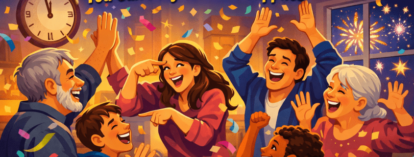 Illustrated New Year’s Eve party scene showing a diverse group of adults and children laughing, cheering, and high-fiving in a cozy living room as confetti falls. A clock nears midnight and fireworks sparkle through a window. The headline reads “50 New Year’s Eve Games You Can Play Without Supplies,” with small branding text “FunAttic. Since 1998” in the bottom-right corner.