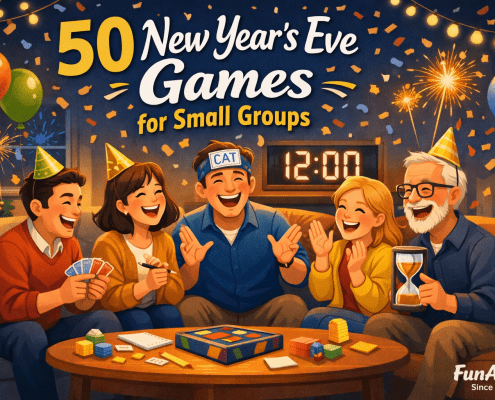 Illustrated New Year’s Eve scene of five people laughing and playing party games around a coffee table, with balloons, confetti, and a glowing “12:00” clock in a cozy living room. Festive headline text reads “50 New Year’s Eve Games for Small Groups,” with subtle “FunAttic. Since 1998” branding in the corner.