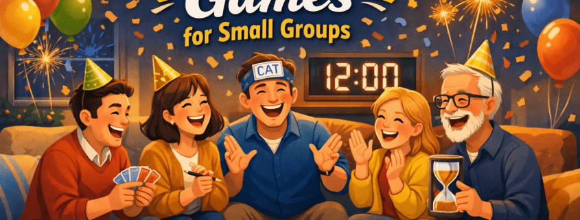 Illustrated New Year’s Eve scene of five people laughing and playing party games around a coffee table, with balloons, confetti, and a glowing “12:00” clock in a cozy living room. Festive headline text reads “50 New Year’s Eve Games for Small Groups,” with subtle “FunAttic. Since 1998” branding in the corner.