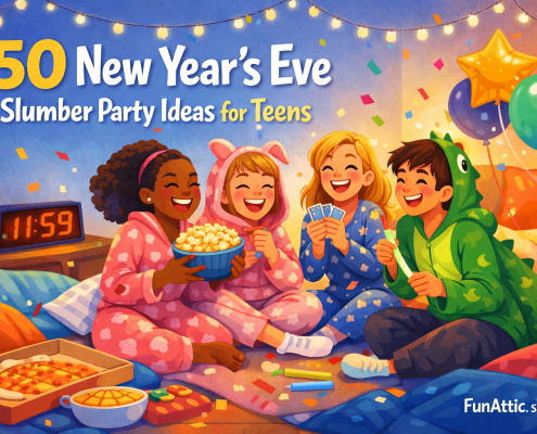 Bright, modern illustration of diverse teens in cozy pajamas laughing together at a New Year’s Eve slumber party in a living room with sleeping bags, snacks, glow sticks, balloons, and fairy lights, a digital clock reading 11:59, and the title “50 New Year’s Eve Slumber Party Ideas for Teens” displayed prominently with subtle FunAttic branding.