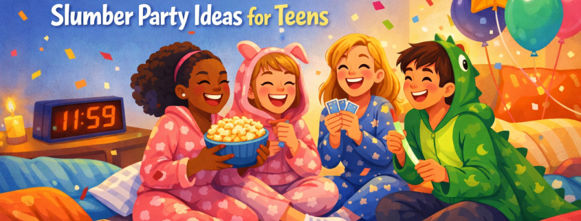 Bright, modern illustration of diverse teens in cozy pajamas laughing together at a New Year’s Eve slumber party in a living room with sleeping bags, snacks, glow sticks, balloons, and fairy lights, a digital clock reading 11:59, and the title “50 New Year’s Eve Slumber Party Ideas for Teens” displayed prominently with subtle FunAttic branding.