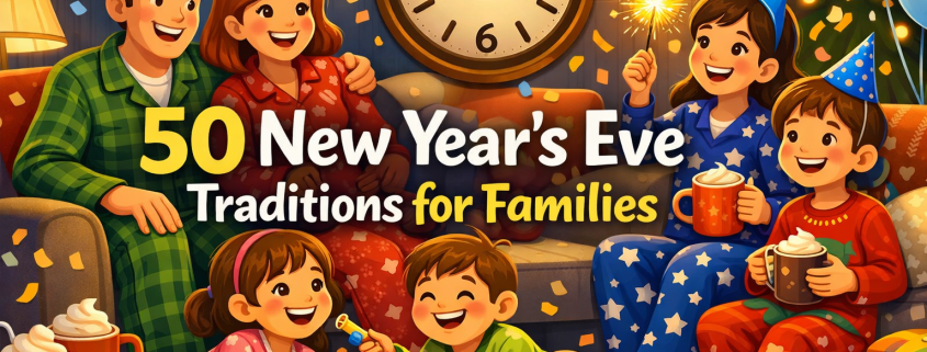 Illustrated family in festive pajamas celebrating New Year’s Eve in a cozy living room, laughing together amid confetti, balloons, string lights, cocoa mugs, board games, and sparklers, with a clock nearing midnight and the title “50 New Year’s Eve Traditions for Families” prominently displayed; small “FunAttic. Since 1998” branding in the bottom-right corner.