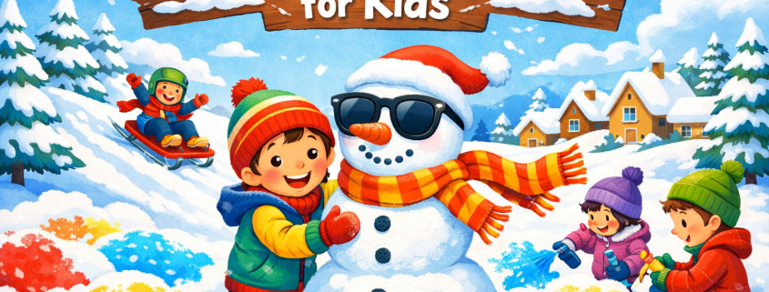 Illustrated winter playground scene with smiling children playing in the snow. One child builds a snowman wearing oversized sunglasses and a flowing scarf, another sleds down a snowy hill in the background, and two kids paint the snow with bright colors. Snow-covered trees and cozy houses sit in the distance under a blue sky. A wooden snow-topped banner reads “50 Winter Activities for Kids,” with subtle branding text “FunAttic. Since 1998” in the bottom-right corner.