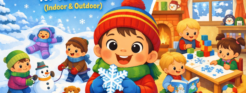 Illustrated winter blog header showing a happy toddler in a colorful winter outfit holding a snowflake toy, centered between outdoor and indoor scenes. On the left, bundled toddlers build a small snowman, make snow angels, and pull a toy sled in the snow. On the right, toddlers paint snowflakes, stack blocks, and read winter picture books inside a cozy room with a window showing falling snow. Bright, playful cartoon style with icy blues and warm reds. Text reads “50 Winter Activities for Toddlers (Indoor & Outdoor)” in the upper left and “FunAttic. Since 1998” in the bottom right.