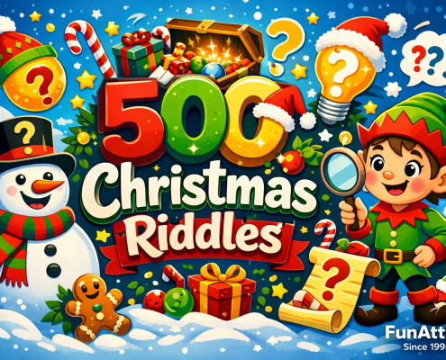 Whimsical Christmas illustration featuring the bold centered title ‘500 Christmas Riddles,’ surrounded by a smiling snowman, playful elf holding a magnifying glass, glowing lightbulbs with question marks, candy canes, gifts, and festive decorations in bright, joyful colors, with ‘FunAttic. Since 1998’ in the bottom right corner.