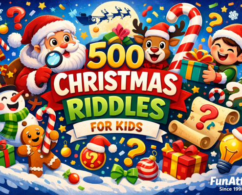 Festive, colorful illustrated blog header for kids featuring Santa, a reindeer, an elf, and a snowman surrounded by Christmas presents, candy canes, question marks, and playful holiday icons, with bold centered text reading “500 Christmas Riddles for Kids” and subtle branding “FunAttic. Since 1998” in the bottom right, creating a joyful and whimsical holiday atmosphere.