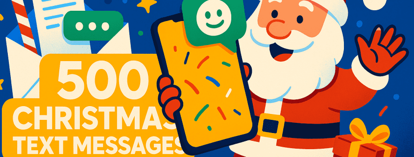 Santa holds a bright yellow smartphone with festive confetti on the screen. Green chat bubbles float around him to symbolize Christmas text messages. A bold title reads “500 Christmas Text Messages” beside an envelope with a candy cane. Stars and confetti fill the blue background. The FunAttic. Since 1998 logo sits in the bottom right corner.