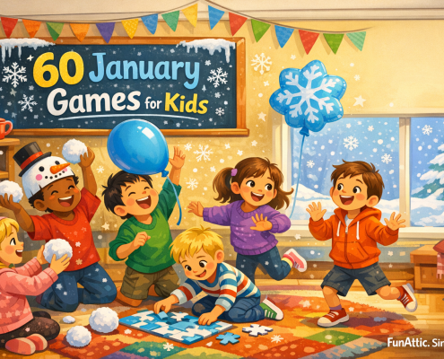 Illustrated winter playroom scene with diverse children ages 5–10 happily playing indoor January games. Kids toss soft snowball plush toys, play with balloons including a snowflake-shaped balloon, build a floor puzzle, and dance mid-freeze. A child wears a tilted paper snowman hat for playful humor. Large windows show gentle snowfall outside, contrasting with the warm, colorful interior. A chalkboard-style sign reads “60 January Games for Kids,” and subtle branding text in the corner says “FunAttic. Since 1998.”