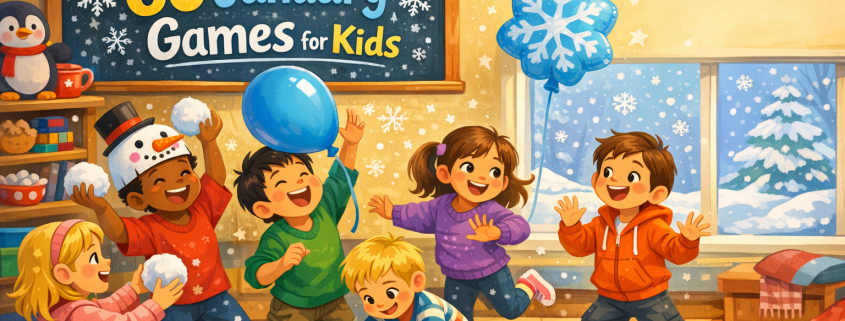 Illustrated winter playroom scene with diverse children ages 5–10 happily playing indoor January games. Kids toss soft snowball plush toys, play with balloons including a snowflake-shaped balloon, build a floor puzzle, and dance mid-freeze. A child wears a tilted paper snowman hat for playful humor. Large windows show gentle snowfall outside, contrasting with the warm, colorful interior. A chalkboard-style sign reads “60 January Games for Kids,” and subtle branding text in the corner says “FunAttic. Since 1998.”