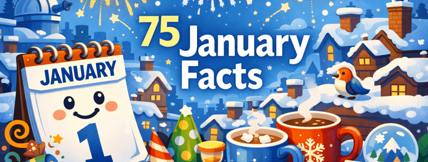Playful winter illustration in a FunAttic-inspired style showing a smiling January calendar page on a cozy tabletop with warm mugs, party hats, and small festive details, set against snow-dusted city rooftops and fading fireworks in a crisp blue sky. The title “75 January Facts” appears prominently in a clean, modern font, with subtle branding text “FunAttic. Since 1998” in the bottom-right corner.