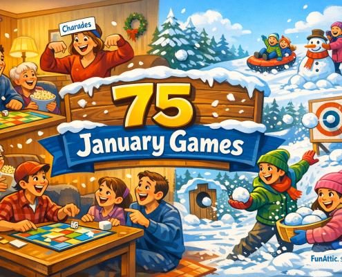 Bright, FunAttic-style winter illustration showing families and friends of all ages playing January games indoors and outdoors. On the left, people laugh around a table playing board games and charades in a cozy, warmly lit room. On the right, children and adults enjoy snowball tosses, target games, sledding, and building a snowman in a cheerful snowy landscape. A wooden banner near the center reads ‘75 January Games,’ with ‘FunAttic. Since 1998’ subtly placed in the bottom-right corner.