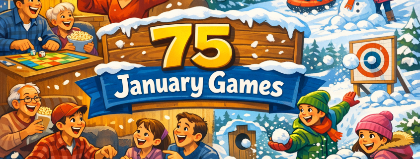 Bright, FunAttic-style winter illustration showing families and friends of all ages playing January games indoors and outdoors. On the left, people laugh around a table playing board games and charades in a cozy, warmly lit room. On the right, children and adults enjoy snowball tosses, target games, sledding, and building a snowman in a cheerful snowy landscape. A wooden banner near the center reads ‘75 January Games,’ with ‘FunAttic. Since 1998’ subtly placed in the bottom-right corner.