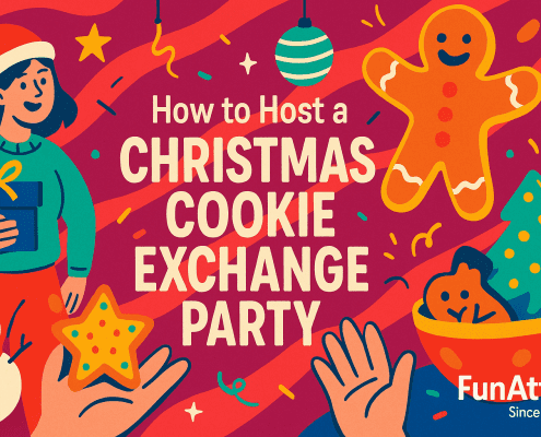 Whimsical, bold-color illustration for a blog header reading “How to Host a CHRISTMAS COOKIE EXCHANGE PARTY,” with a smiling person in a Santa hat holding a gift on the left, a large happy gingerbread cookie character on the right, festive confetti and ornaments across a red striped background, hands reaching up with star-shaped cookies at the bottom, and the white “FunAttic. Since 1998” logo in the bottom-right corner.