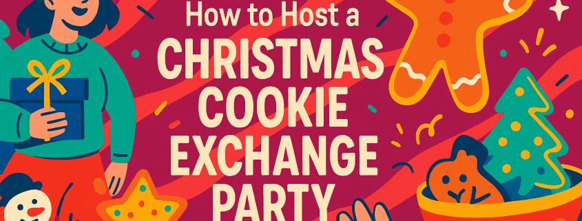 Whimsical, bold-color illustration for a blog header reading “How to Host a CHRISTMAS COOKIE EXCHANGE PARTY,” with a smiling person in a Santa hat holding a gift on the left, a large happy gingerbread cookie character on the right, festive confetti and ornaments across a red striped background, hands reaching up with star-shaped cookies at the bottom, and the white “FunAttic. Since 1998” logo in the bottom-right corner.