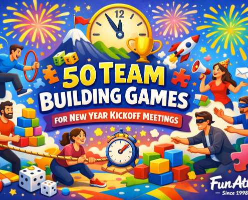 Vibrant, playful illustrated blog header showing diverse coworkers playing team building games amid New Year celebration elements like fireworks, a countdown clock, balloons, puzzles, dice, and trophies, with bold centered text reading “50 Team Building Games for New Year Kickoff Meetings” and the branding “FunAttic. Since 1998” in the bottom right corner.