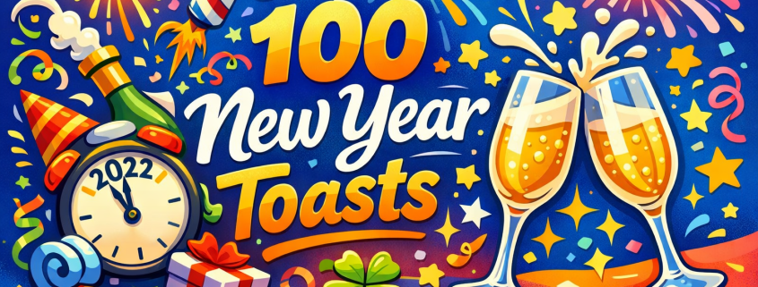 “Whimsical, colorful illustration celebrating New Year toasts, featuring two clinking champagne glasses, fireworks, confetti, a countdown clock near midnight, a popping champagne bottle, party icons, and large text reading ‘100 New Year Toasts.’ Bright festive colors create a joyful, celebratory mood, with subtle branding text ‘FunAttic. Since 1998’ in the bottom-right corner.”