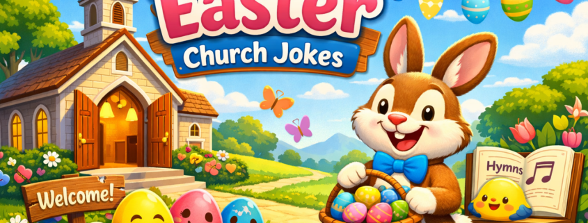 Illustration of a joyful Easter morning in a sunny churchyard, featuring a smiling Easter Bunny in a blue bow tie holding a basket of colorful eggs beside a small church with open doors and warm light inside. Playful details include smiling pastel eggs, a chick peeking from a hymn book, spring flowers, and Easter decorations. The title “100 Clean Easter Church Jokes” appears prominently in a fun, family-friendly font, with “FunAttic. Since 1998” subtly placed in the bottom-right corner.