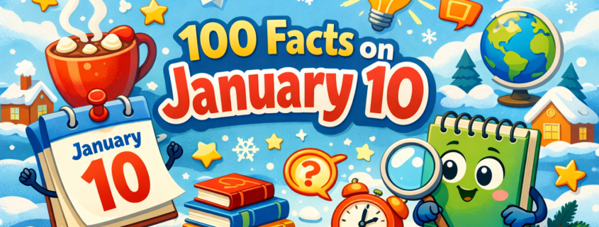 **Alt text:** Playful winter-themed illustration in a bright, FunAttic-style: a cheerful snowy scene with the headline “100 Facts on January 10” prominently displayed slightly off-center. A smiling calendar character shows January 10, alongside a curious green notebook holding a magnifying glass. Surrounding them are whimsical icons like books, light bulbs, stars, speech bubbles, clocks, and question marks, plus a steaming mug of hot cocoa with symbolic steam. Cool blue winter tones are balanced with warm yellow and red accents. Subtle branding text “FunAttic. Since 1998” appears in the bottom-right corner.