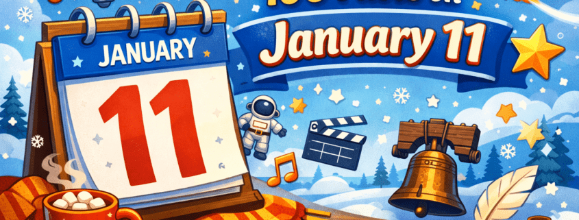 Playful winter-themed illustrated blog header showing a stylized desk calendar flipped to January 11, surrounded by floating trivia icons like a lightbulb, book, stars, and question marks. Cozy details include a steaming mug, scarf, snowflakes, and a snowy blue background balanced with warm yellow accents. The title ‘100 Facts on January 11’ appears in a friendly, modern font, with subtle branding text ‘FunAttic. Since 1998’ in the bottom-right corner.