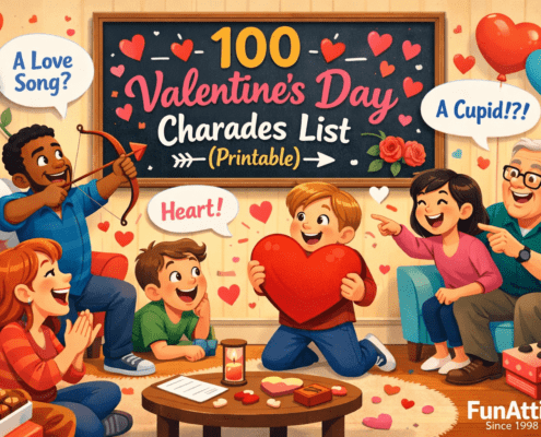 Fun, colorful illustration of a cozy Valentine’s Day game night in a living room, where diverse adults and kids play charades—one miming Cupid shooting an arrow, another holding a giant heart—while others laugh and guess. Floating hearts, roses, chocolates, and confetti add a festive mood. A playful sign reads “100 Valentine’s Day Charades List (Printable),” with subtle branding text “FunAttic. Since 1998” in the corner.