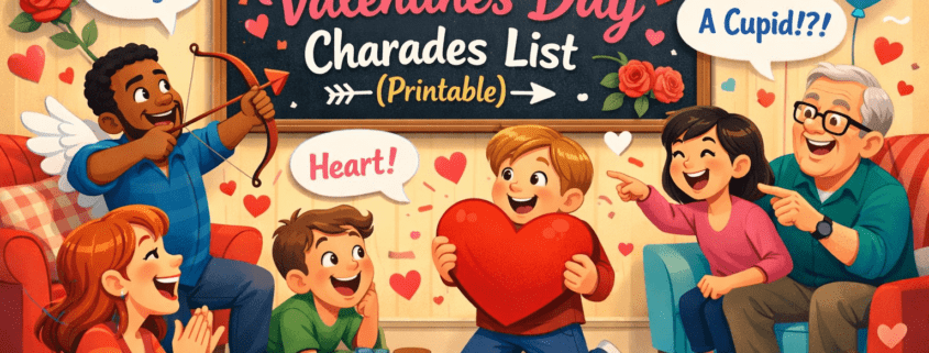 Fun, colorful illustration of a cozy Valentine’s Day game night in a living room, where diverse adults and kids play charades—one miming Cupid shooting an arrow, another holding a giant heart—while others laugh and guess. Floating hearts, roses, chocolates, and confetti add a festive mood. A playful sign reads “100 Valentine’s Day Charades List (Printable),” with subtle branding text “FunAttic. Since 1998” in the corner.