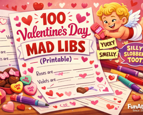 Playful Valentine’s Day illustration showing a whimsical writing desk covered with oversized printable Mad Libs pages filled with blanks, hearts, and doodles. Colorful pens, candy hearts, and chocolates are scattered around as a cheeky Cupid hovers nearby, erasing and swapping words with a grin. A large Mad Libs page displays the headline “100 Valentine’s Day Mad Libs (Printable).” The scene uses bright pinks, reds, and soft purples with clean, modern cartoon-style artwork and open space. Subtle text in the bottom-right reads “FunAttic. Since 1998.”