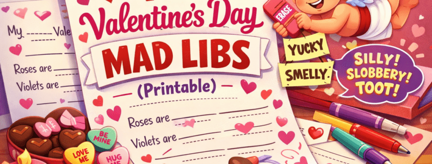 Playful Valentine’s Day illustration showing a whimsical writing desk covered with oversized printable Mad Libs pages filled with blanks, hearts, and doodles. Colorful pens, candy hearts, and chocolates are scattered around as a cheeky Cupid hovers nearby, erasing and swapping words with a grin. A large Mad Libs page displays the headline “100 Valentine’s Day Mad Libs (Printable).” The scene uses bright pinks, reds, and soft purples with clean, modern cartoon-style artwork and open space. Subtle text in the bottom-right reads “FunAttic. Since 1998.”