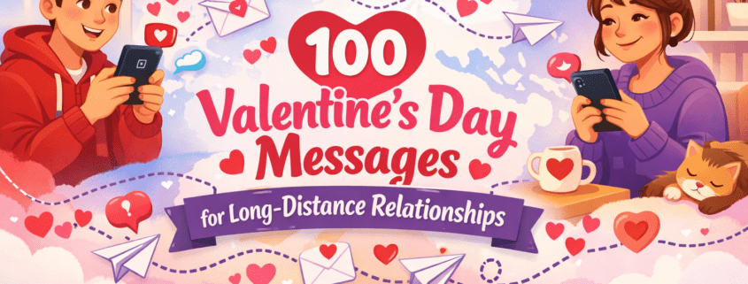 Illustrated Valentine’s Day blog header showing two smiling characters in cozy rooms, each holding a smartphone, connected across distance by a dotted travel line over a soft world map with floating hearts and paper airplanes. Bright pinks, reds, purples, and blues create a cheerful mood. The title reads “100 Valentine’s Day Messages for Long-Distance Relationships,” with subtle heart notification details, and branding text “FunAttic. Since 1998” appears in the bottom-right corner.