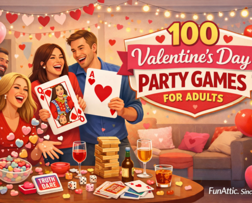 FunAttic-style illustration of a lively Valentine’s Day party for adults in a cozy living room. Friends laugh and play games around a table with oversized cards, dice, candy hearts, and drinks; one person tosses candy hearts while a couple holds giant game cards. Pink, red, and warm yellow decorations—heart garlands, balloons, and string lights—create a festive mood. The title ‘100 Valentine’s Day Party Games for Adults’ appears prominently, with subtle branding text ‘FunAttic. Since 1998’ in the bottom-right corner.