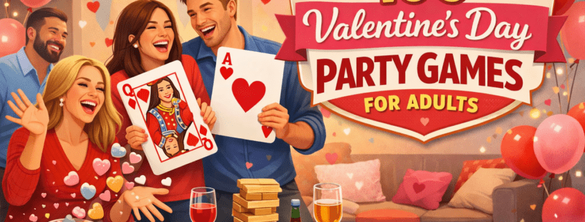 FunAttic-style illustration of a lively Valentine’s Day party for adults in a cozy living room. Friends laugh and play games around a table with oversized cards, dice, candy hearts, and drinks; one person tosses candy hearts while a couple holds giant game cards. Pink, red, and warm yellow decorations—heart garlands, balloons, and string lights—create a festive mood. The title ‘100 Valentine’s Day Party Games for Adults’ appears prominently, with subtle branding text ‘FunAttic. Since 1998’ in the bottom-right corner.