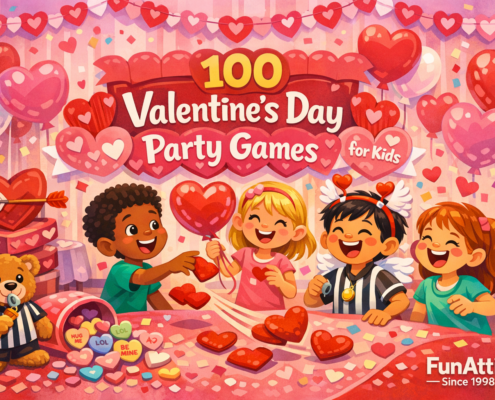 Joyful Valentine’s Day kids’ party illustration with diverse children laughing and playing games indoors. One child tosses heart-shaped beanbags, another holds a heart balloon, and another wears a Cupid headband. Festive heart garlands, balloons, confetti, and candy hearts fill the scene, with playful details like a teddy bear referee and a Cupid arrow in heart boxes. A banner reads “100 Valentine’s Day Party Games for Kids,” with subtle branding “FunAttic. Since 1998” in the corner.