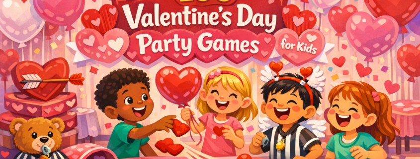 Joyful Valentine’s Day kids’ party illustration with diverse children laughing and playing games indoors. One child tosses heart-shaped beanbags, another holds a heart balloon, and another wears a Cupid headband. Festive heart garlands, balloons, confetti, and candy hearts fill the scene, with playful details like a teddy bear referee and a Cupid arrow in heart boxes. A banner reads “100 Valentine’s Day Party Games for Kids,” with subtle branding “FunAttic. Since 1998” in the corner.