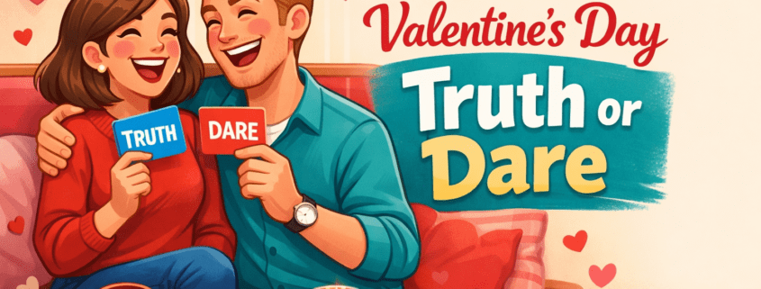 Fun, polished Valentine’s Day illustration showing a smiling couple seated on a cozy couch, laughing while holding colorful ‘Truth’ and ‘Dare’ cards. Heart-shaped decorations, chocolates, candy hearts, and a candle create a festive atmosphere. The title ‘100 Valentine’s Day Truth or Dare’ appears prominently on the right with ample open space, and subtle branding text ‘FunAttic. Since 1998’ is placed in the bottom-right corner.