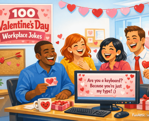 Illustrated Valentine’s Day office scene in a FunAttic-inspired style showing a diverse group of smiling coworkers gathered around a desk, laughing at a Valentine’s joke on a computer screen. The modern office is decorated with heart-shaped sticky notes, balloons, and a cupid arrow in a corkboard, using bright reds, pinks, yellows, and blues. A wall poster reads “100 Valentine’s Day Workplace Jokes,” and subtle branding “FunAttic. Since 1998” appears in the bottom-right corner, with clean lighting and open space for a blog header or social preview.