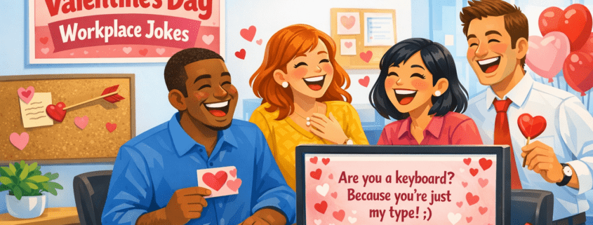 Illustrated Valentine’s Day office scene in a FunAttic-inspired style showing a diverse group of smiling coworkers gathered around a desk, laughing at a Valentine’s joke on a computer screen. The modern office is decorated with heart-shaped sticky notes, balloons, and a cupid arrow in a corkboard, using bright reds, pinks, yellows, and blues. A wall poster reads “100 Valentine’s Day Workplace Jokes,” and subtle branding “FunAttic. Since 1998” appears in the bottom-right corner, with clean lighting and open space for a blog header or social preview.