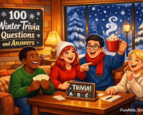 FunAttic-style illustration of a cozy winter living room where four diverse, cheerful cartoon friends laugh and play a trivia game around a coffee table; one holds trivia cards, another points excitedly, and a third raises a steaming mug of hot cocoa, with a snowy night and glowing streetlights visible through the window, a chalkboard reading “100 Winter Trivia Questions and Answers,” and subtle branding text “FunAttic. Since 1998” in the corner.
