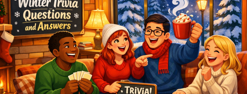 FunAttic-style illustration of a cozy winter living room where four diverse, cheerful cartoon friends laugh and play a trivia game around a coffee table; one holds trivia cards, another points excitedly, and a third raises a steaming mug of hot cocoa, with a snowy night and glowing streetlights visible through the window, a chalkboard reading “100 Winter Trivia Questions and Answers,” and subtle branding text “FunAttic. Since 1998” in the corner.